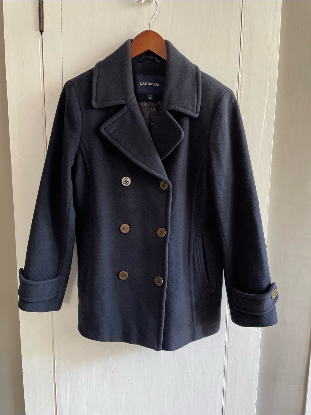 Lands' End Women's Dark Navy Double-Breasted Wool Blend Pea Coat Anchor Button